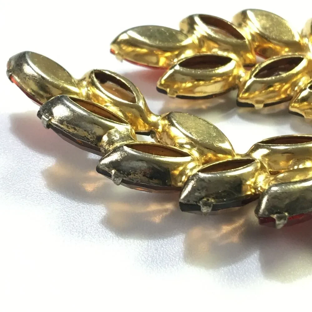 Vintage Glass Rhinestone Brooch Brown Topaz Color & Orange Navettes